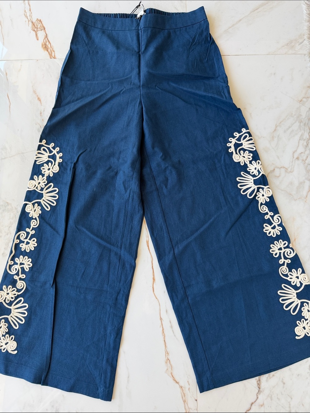 Rachel Zoe Navy Wide-Leg linen palazzo with White Floral Embroidery